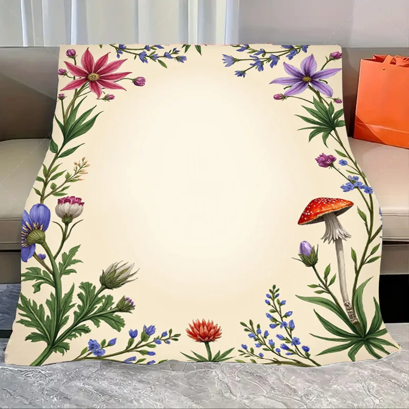 

1pc Flannel Blanket Botanical Garden Floral Blanket with Mushroom Design for Cozy Home Decor