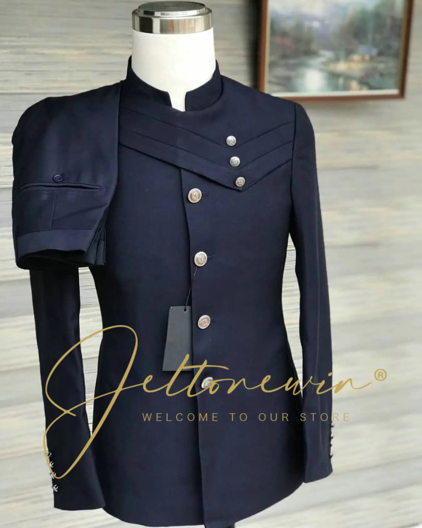 

Мужской темно-синий костюм в стиле милитари с воротником-стойкой и перекрещенным клапаном, приталенная официальная одежда для свадебных жениха