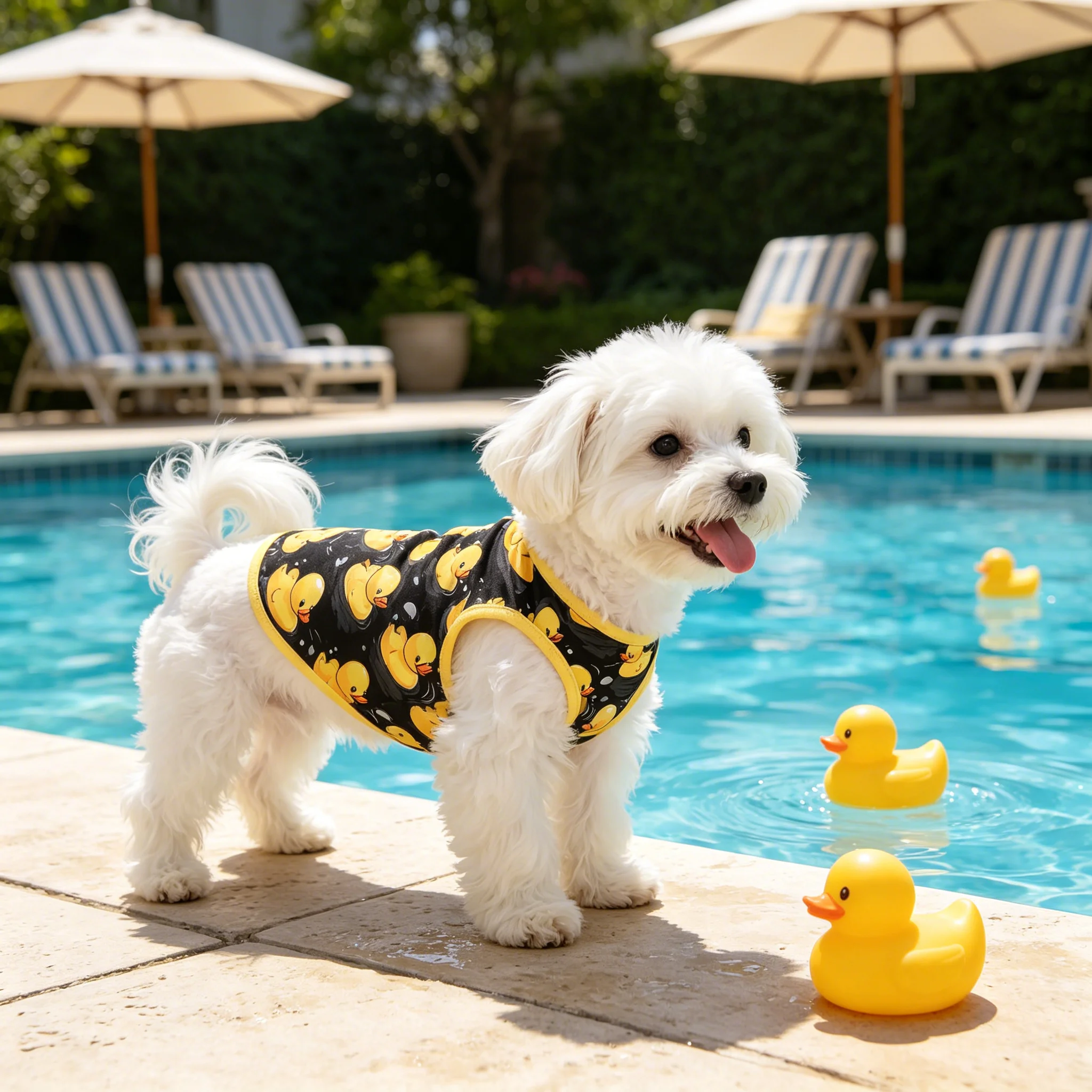 Chaleco perro y gato pequeños/medianos estampado pato amarillo negro - imagen 3