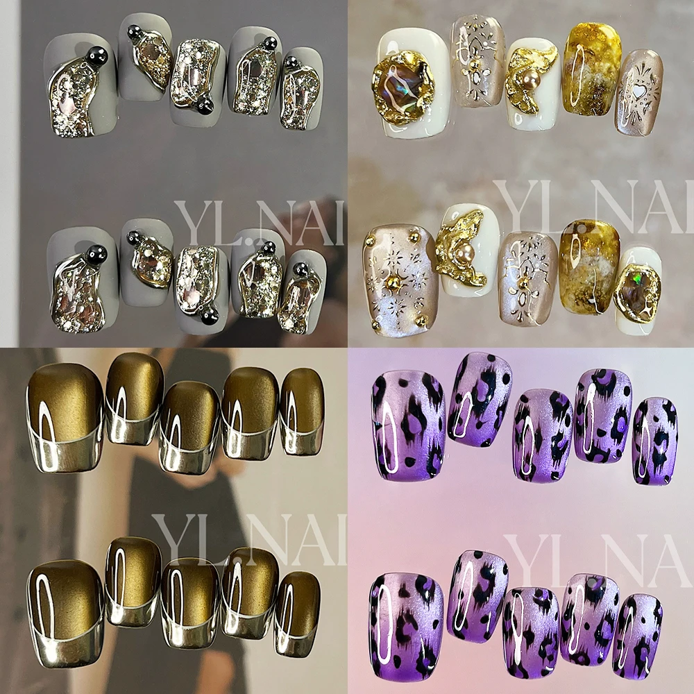 

10Pcs Pure Handmade Short Coffin French Style Press On Nails Hand-Painted Leopard Print Frosted Flash Square Diamond Fake Nails