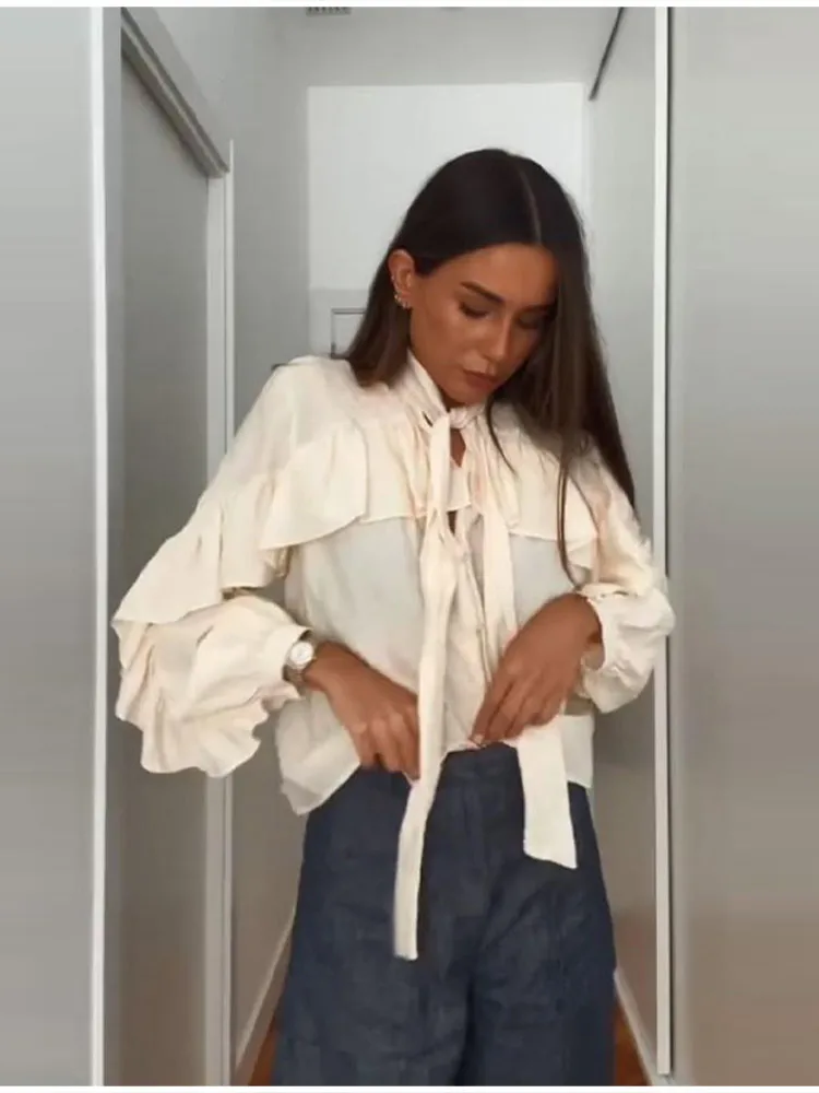 بلوزات شيفون نسائية مثيرة على شكل حرف v وأربطة وأكمام طويلة قمصان فضفاضة مكشكشة مرقعة ملابس داخلية غير رسمية للسيدات على الموضة جديدة 2025 #6