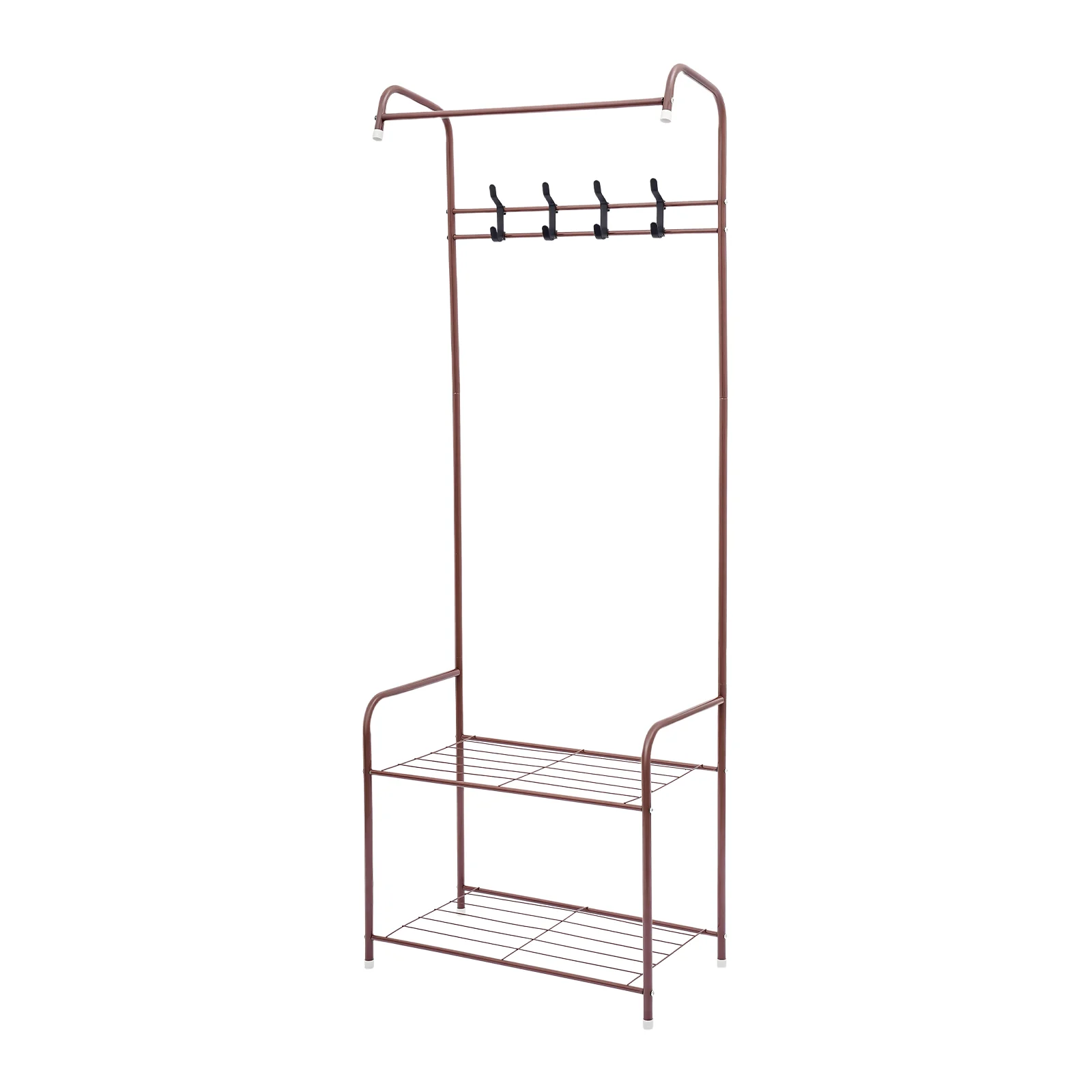 Porte-manteau de 57 cm, étagère à chaussures, organisateur de vêtements, structure robuste en fer avec revêtement en poudre, porte-vêtements haut pour entrée, 4 crochets, base à 2 niveaux pour chaussures, chapeaux, sacs, solution de rangement moderne pour chambre, couloir, buanderie, marron