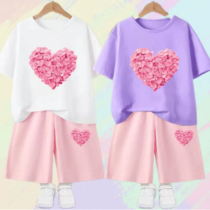 2pcs Girls Clothes Sets Summer Outfit  Kids Flower Heart Short Sleeve T-Shirt Tops+ Shorts Cute Children Clothes Suits 3-14T