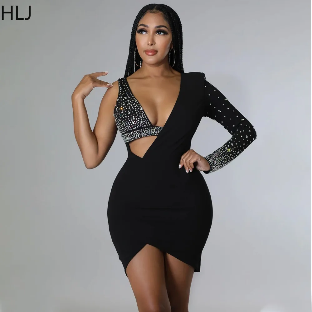 HLJ Fashion Rhinestone na jedno ramię Bodycon imprezowe sukienki seksowne dekolt z dekoltem dekolt Mini damska luksusowa diamentowa nieregularna