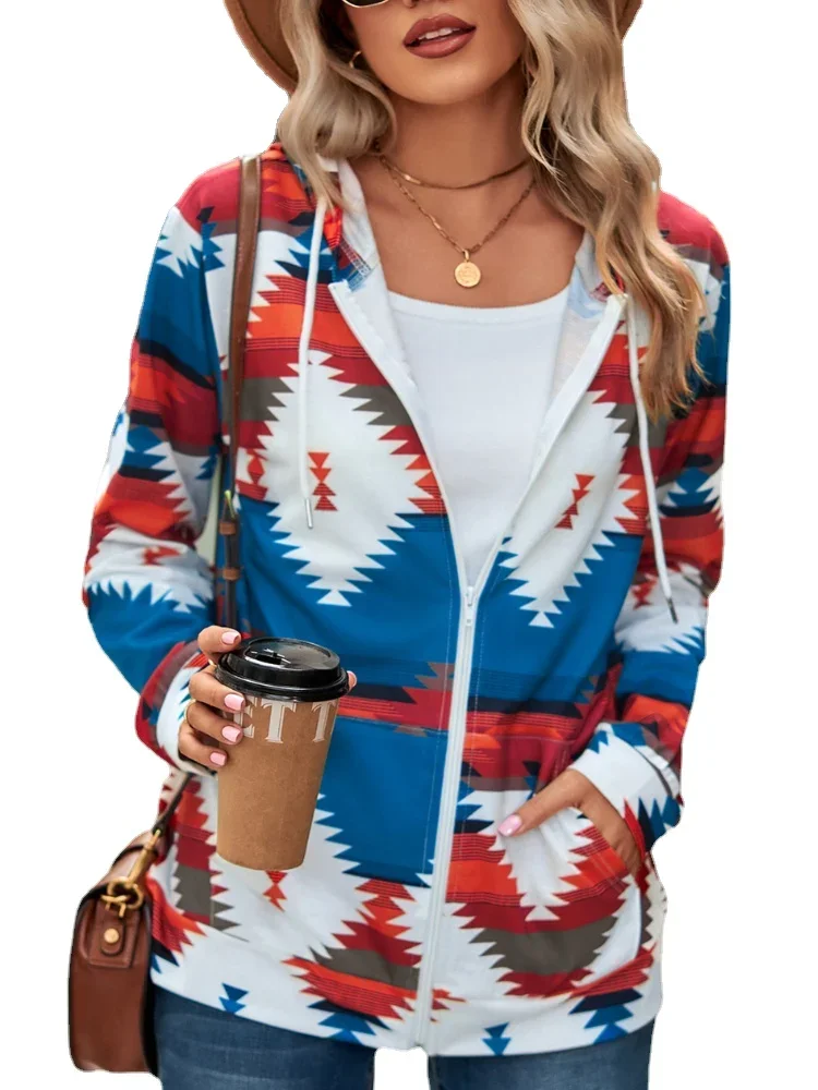 

Women's Long Sleeve Printed Geometric Zip Up Hooded Pocket Sweatshirts