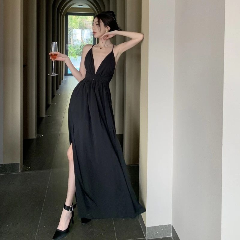 Elegant Black Long Bodycon Dress for Women Slim Sleeveless Fashion Backless Solid Party Evening Prom Dresses New Summer 2023