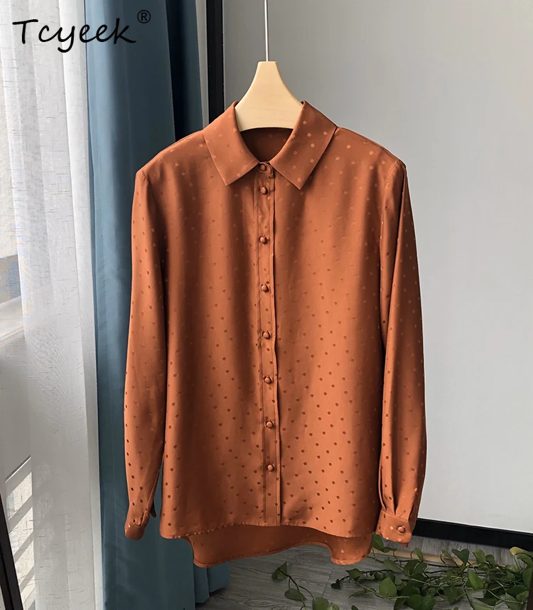 Tcyeek, camicie eleganti in seta 100% 18MM, manica lunga da donna, camicetta casual Jaquard a pois larghi, primavera autunno 2024 T4D115JC