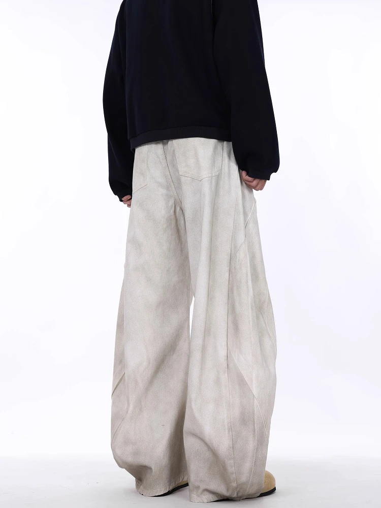 الرجعية الأمريكية الثقيلة دو Waed الأبيض الملون تفكيك سكين الجينز الرجال النساء فضفاضة مستقيم واسعة الساق الطابق طول السراويل