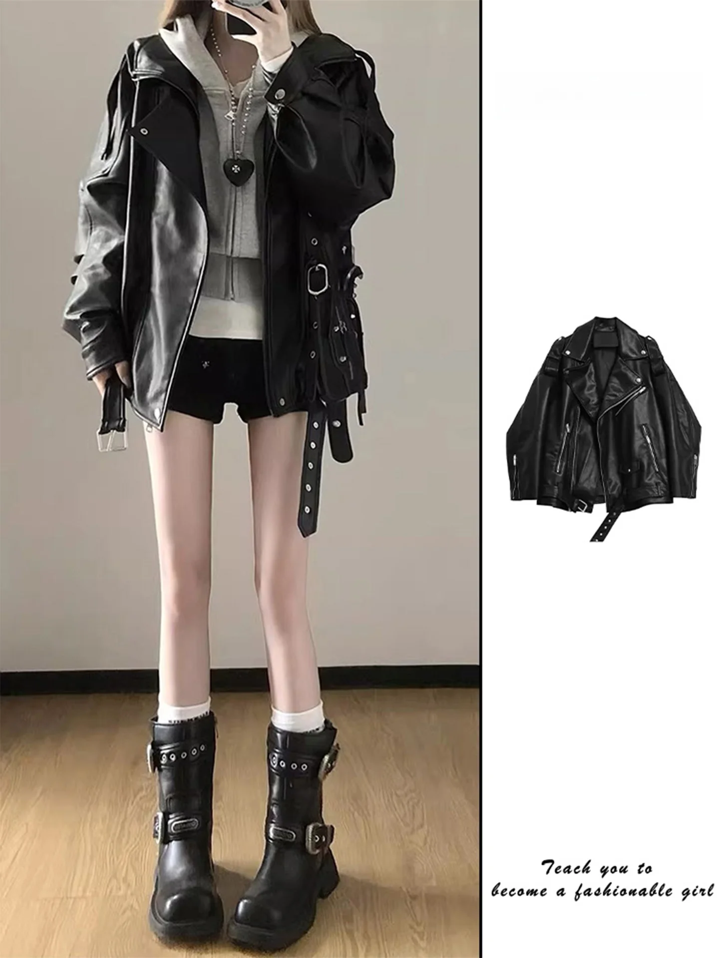 

American Sle Spicy Girl Cool Wind Bla Leather Jaet Women's Loose High-End Feel Street hine PU Leather Jaet