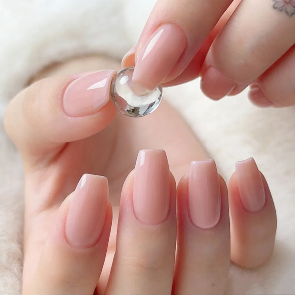 48Pcs Acrylic Press On False Nails For Woman Natural Pink Fake Nails Short Ballerina Shaped DIY Finger Tips Manicure Tool
