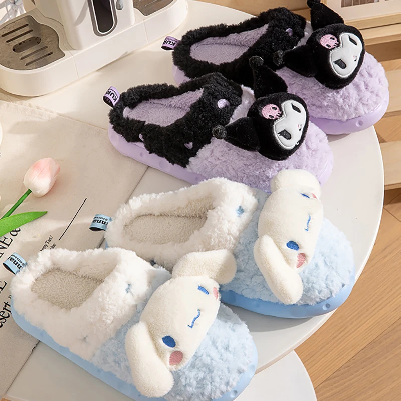 Kawaii Sanrio Hello Kitty Winter Plush Non Slip Slippers Anime Cute Kuromi Cinnamoroll Yk2 Women Home Fuzzy Slipper Flat Shoes