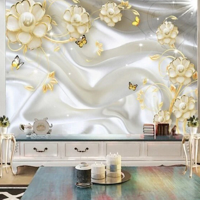 

Custom Wall Mural for Living Room & Bedroom - Elegant Pearl Silk Texture with Floral and Butterfly Pattern - Wall Art Decoration