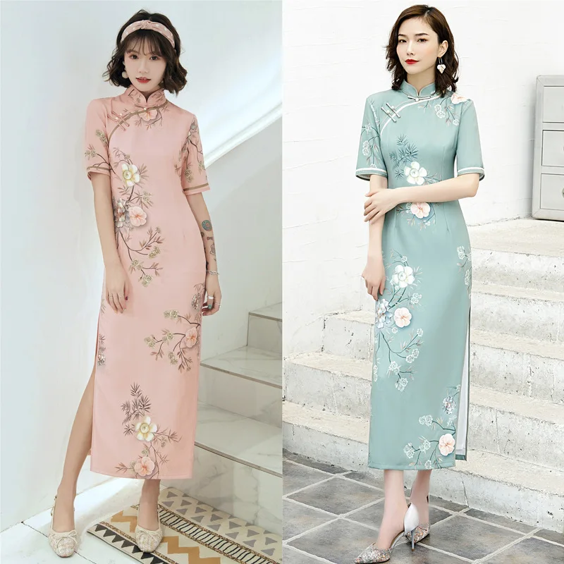 Yourqipao Chinese New Arrival Cheongsam Eight Rows of Pearl Buttons Women Long Qipao Evening Dress