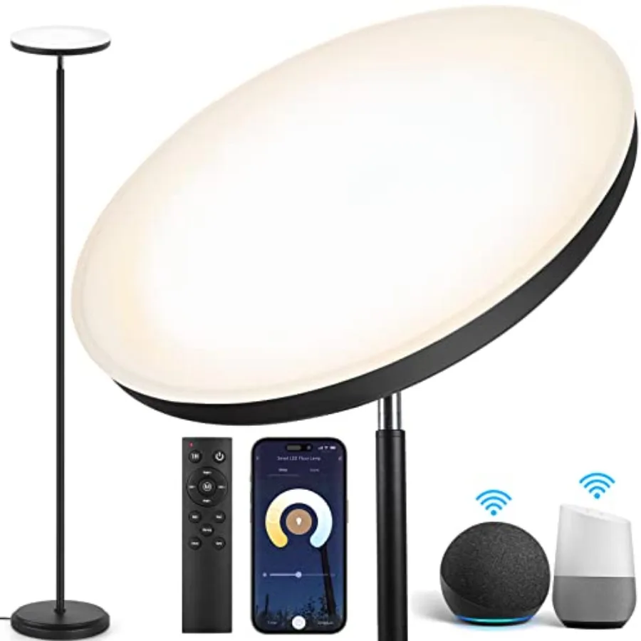 

Smart LED Floor Lamp 30W/3000LM Dimmable Bright Torchiere Sky Lamp Compatible with Alexa Google Home WiFi Remote Tall Standing