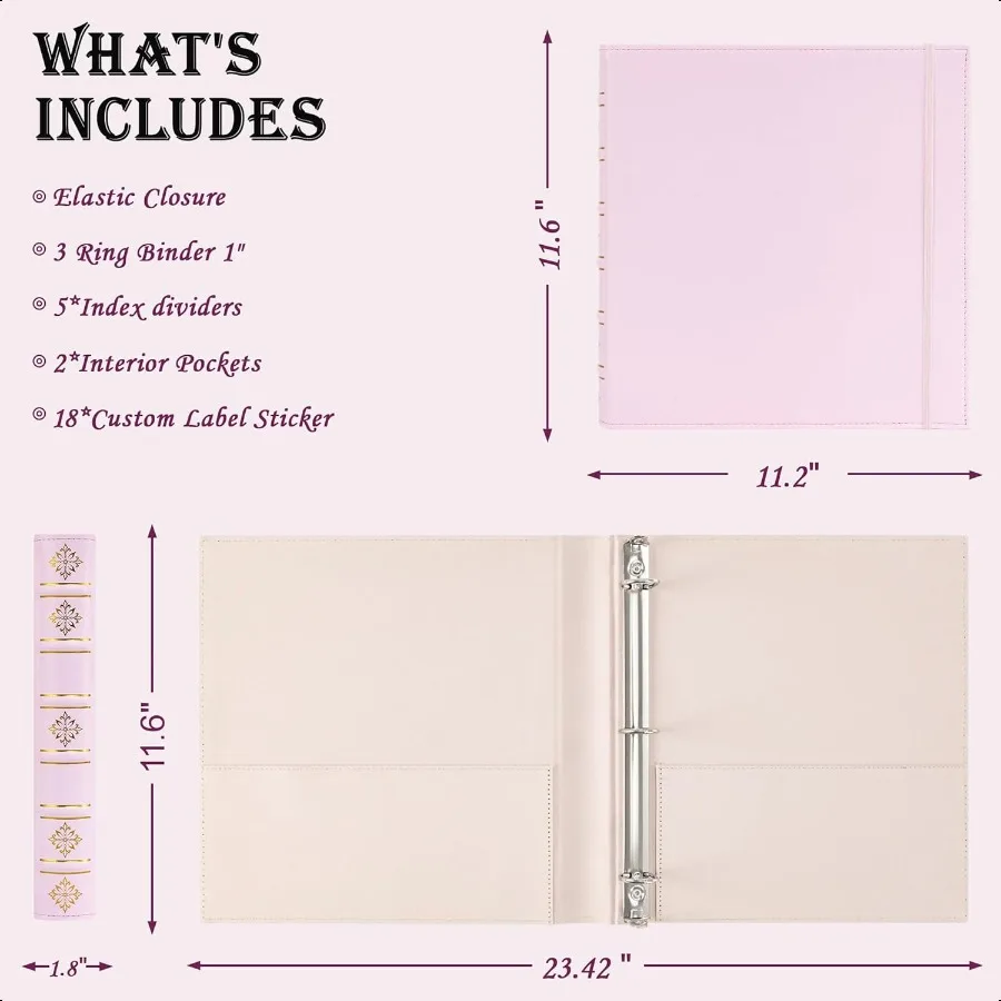 가죽 북스타일 1인치 3링 바인더 우아한 하드백 오거나이저 D링 탭 내장 포켓 탄성 스트랩 사무실 학교용