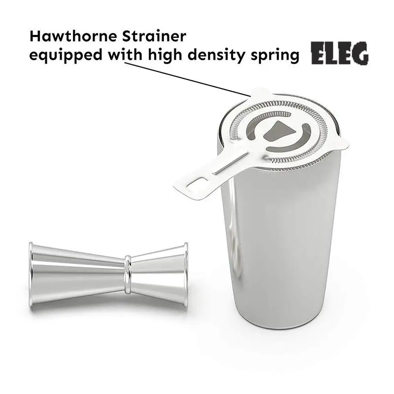ELEG-Cocktail Shaker Set: Professional Boston Shaker, Cocktail Strainer And Jigger Set. 4 Piece Premium Stainless Steel Bar Supp