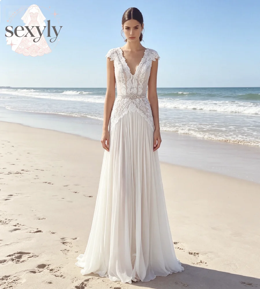 Ethereal Bohemian Wedding Dress 2026 V Neck Cap Sleeve Lace Chiffon A‑Line Bridal Gown Rhinestone Sash Boho Fairy Beach Bride
