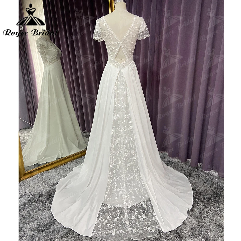 Boho Wedding Dress 2023 Bridal Elegant Chiffon V-Neck Sheer Short Sleeve Lace Appliques Floor-Length Female dress abiti da sposa