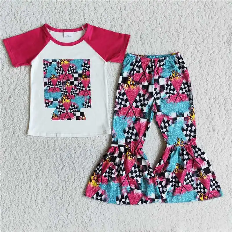 

Wholesale price children's RTS plaid flag pattern splicing color red short sleeve printed bell bottoms children's suit