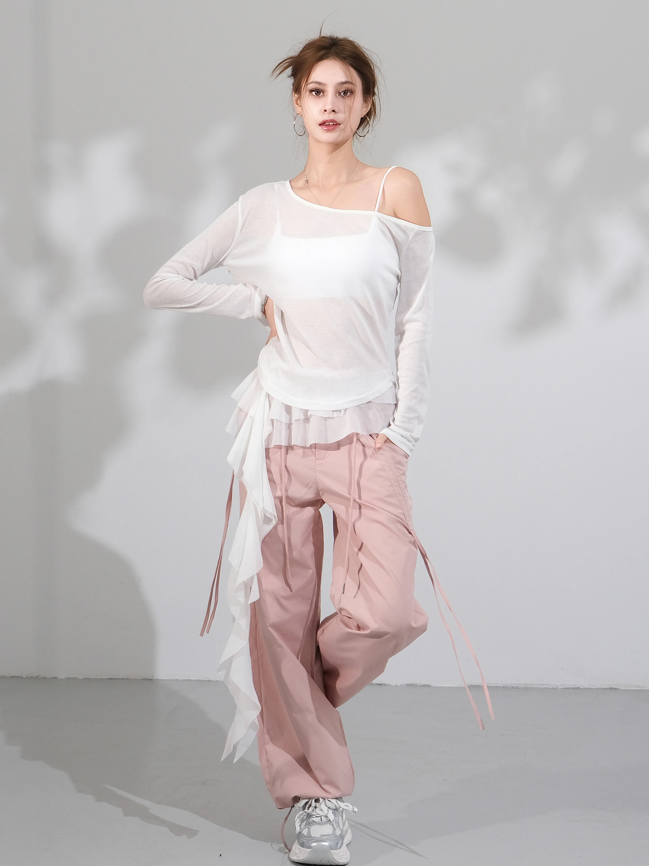 

Свободная длинная футболка Sve, женская футболка Lazy Sle Faion oulder Design, повседневный утягивающий топ белого цвета с v-образным вырезом или длина