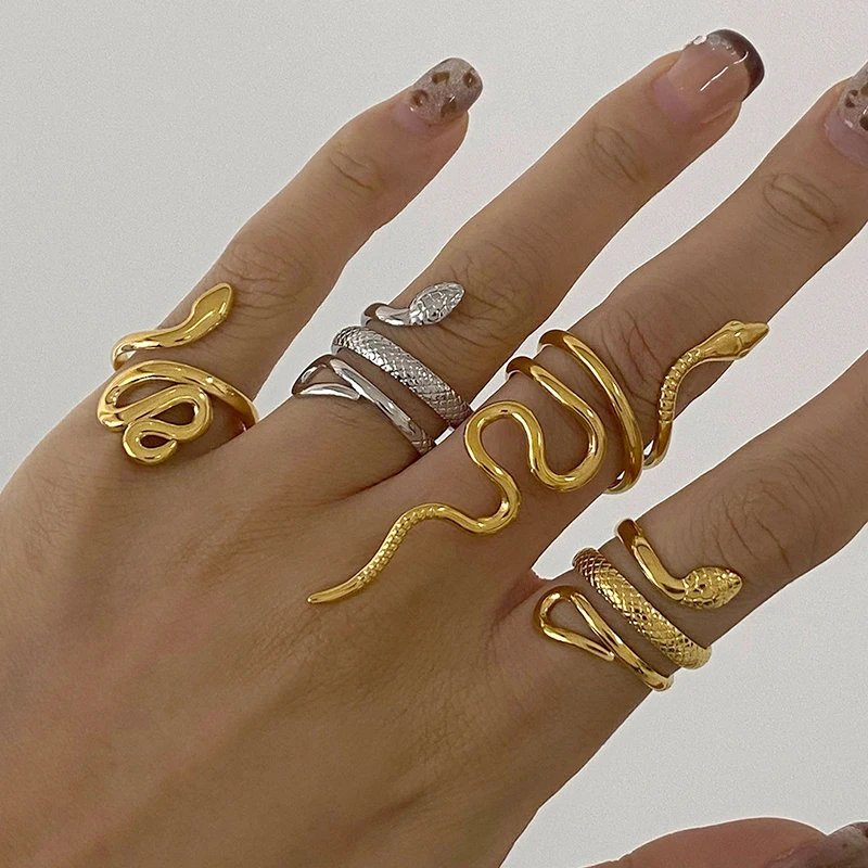 Stainless Steel Snake Rings for Women Men Gold Color Open Adjustable Finger Ring Vintage Gothic Aesthetic Jewelry Anillos Mujer