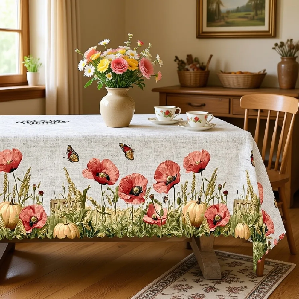 Harvest Floral Tablecloth with Poppies & Lemons for Indoor/Outdoor Camping decor, Rectangular/Round/Oval