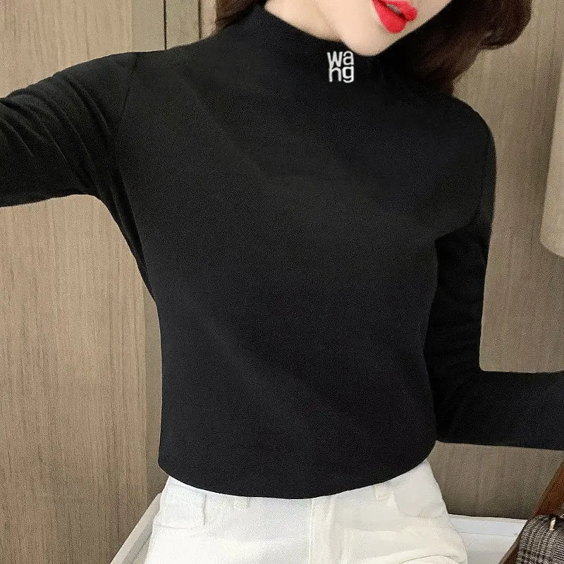 Thickened Double-sided Plush Brushed Half High Collar Beige Bottomed Shirt for Women's Autumn and Winter New Long Sleeved Top