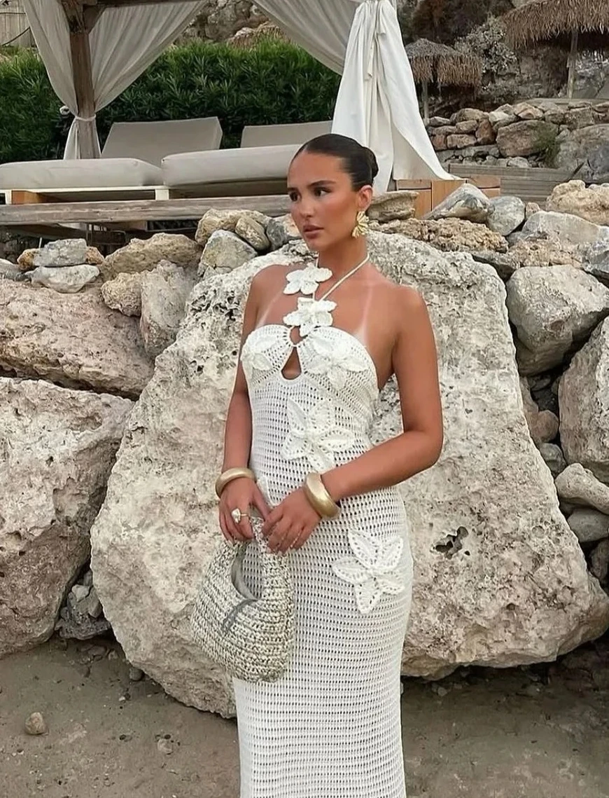 

Вязаное ажурное платье-халтер для женщин, модное, без рукавов, с открытыми плечами, без спинки, облегающее, длинное, для отпуска и пляжа