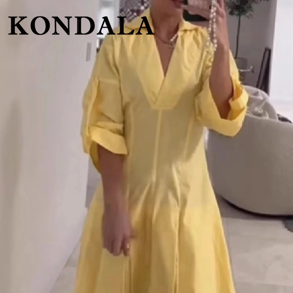 KONDALA Chic Yellow 2025 Woman Dress Half Sleeve V-Neck Long Shirt Dress Zipper Slim Draped Elegant Fashion Female Vestido