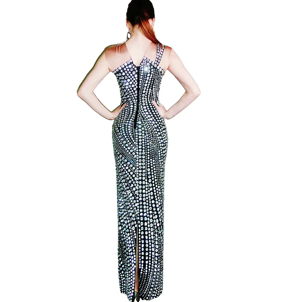 Sparkly Rhinestone Women Long Dress Black Sleeveless Outfit Sheath Birthday Ankle-Length Summer Camisole Evening Party Costumes
