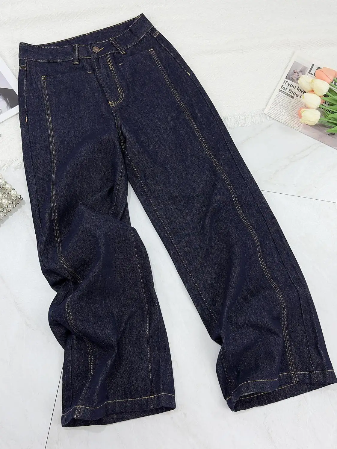 

Deep Blue High Waist Wide Leg Denim Jeans Women's Spring Autumn New Style Slimming Straight Cut Pants High Demand
