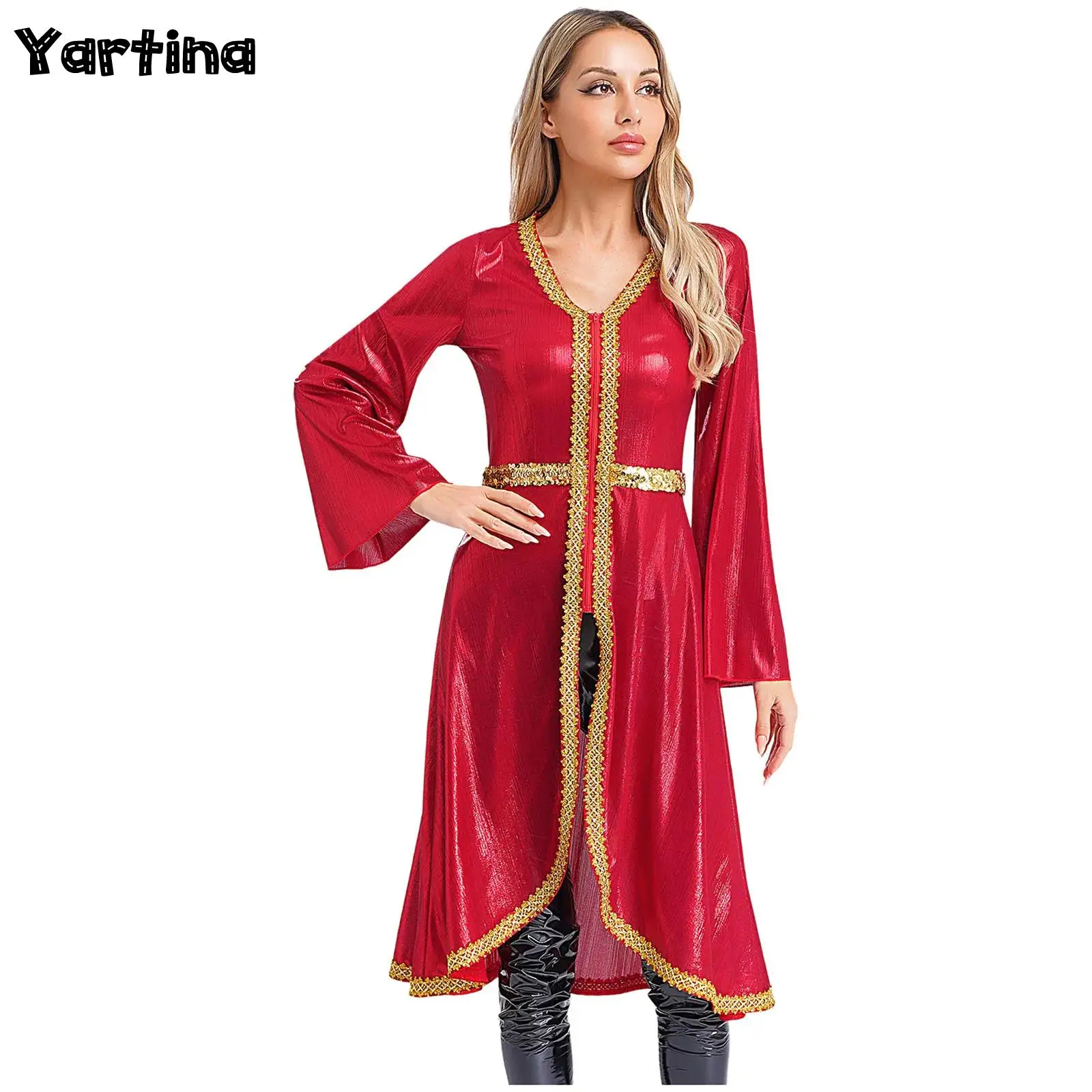 

Women Muslim Abaya Dresses Islamic Dubai Moroccan Kaftan Fancy Eid Dress V Neck High Waist Embroidery Dress Sparkly Caftan Dress