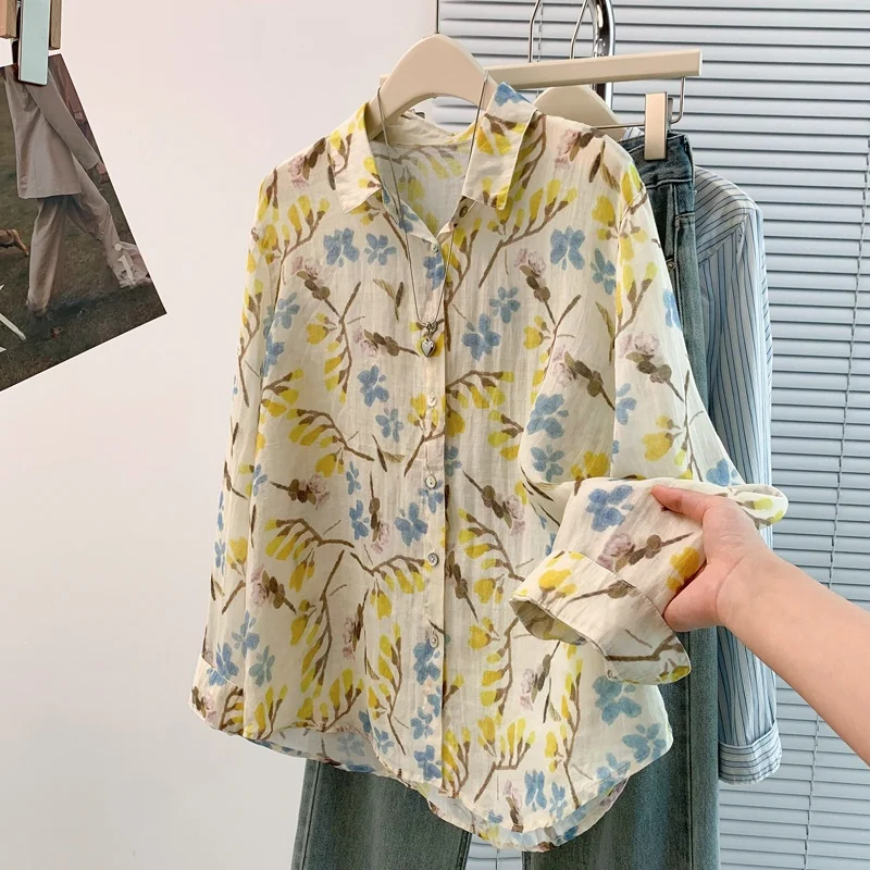 خريف ربيع جديد Sle خفيف الوزن طويل Sve مطبوعة irt ساحة طوق سترة فضفاضة للتنقل أوراق صفراء مجانية