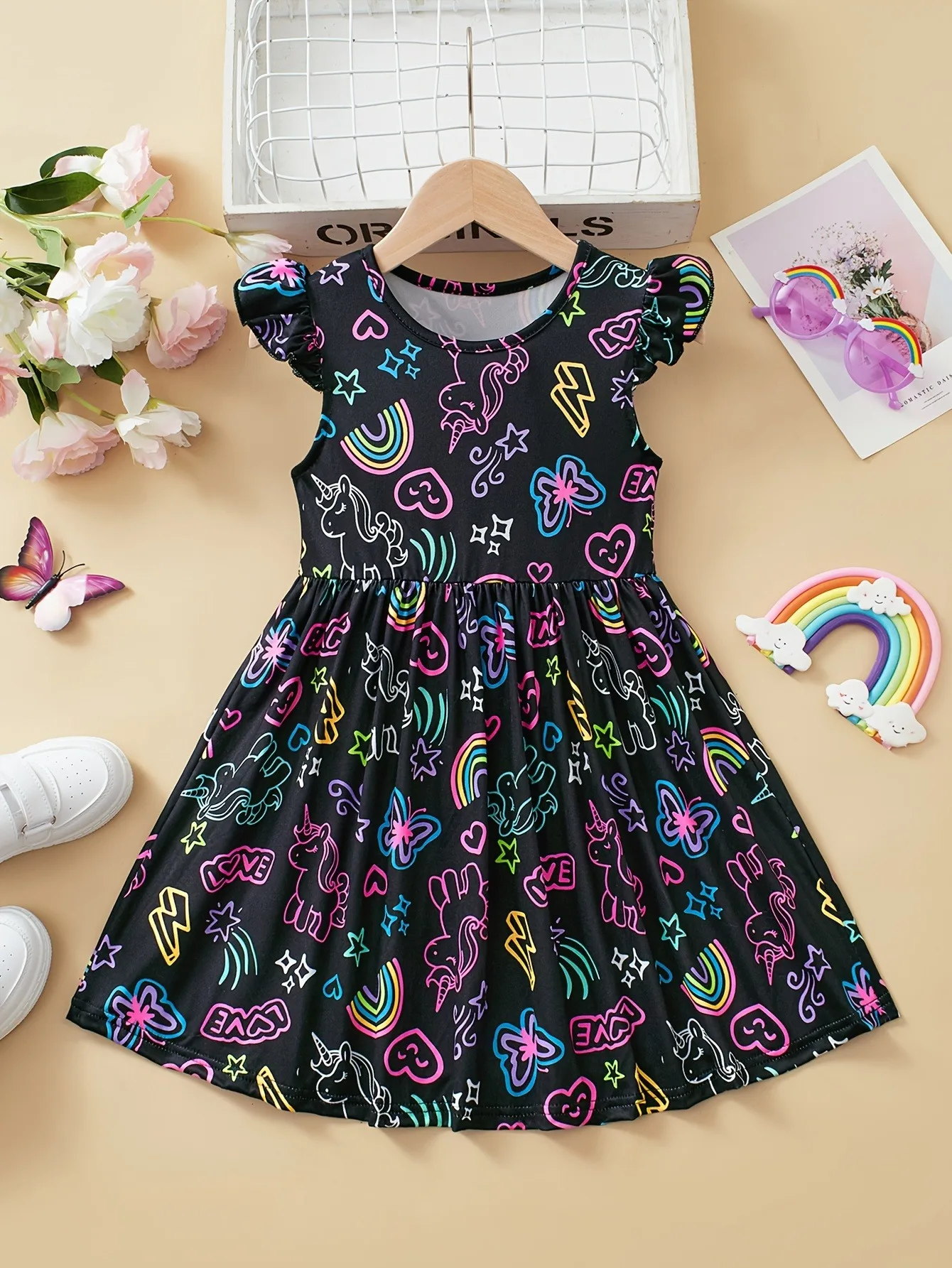 Niedliches Leuchtkleid für Mädchen Schwarzer Neon-Einhorn-Regenbogen-Druck Rock Kinder Casual Alltagskleidung Leuchtendes Party-Outfit – Detail 2