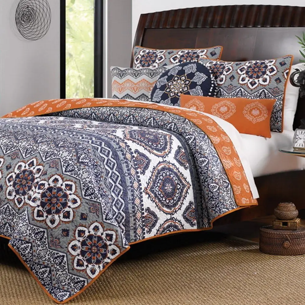 

Boho Chic Moroccan Paisley Pattern Grey Orange Cotton 3 Piece Full/Queen Size Quilt Bedding Set