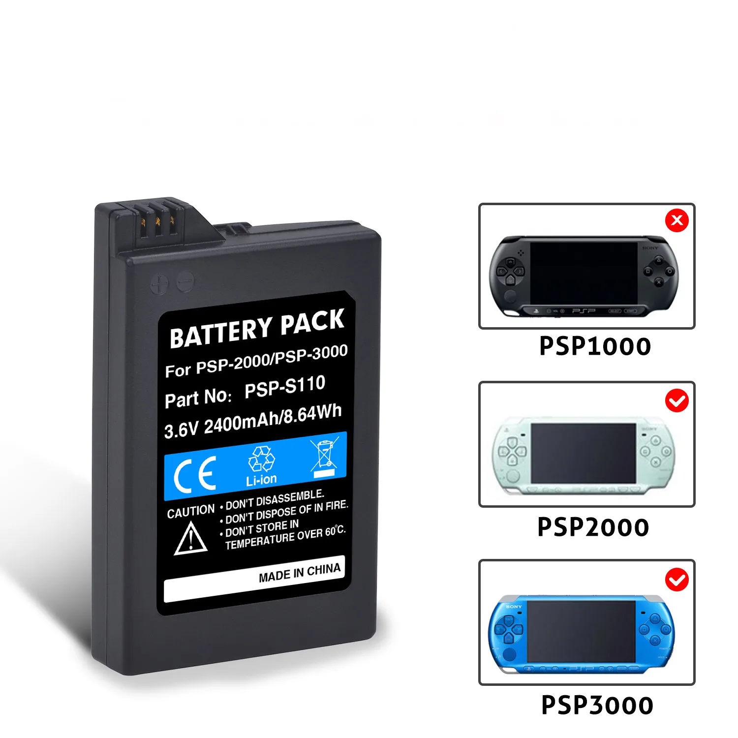 

2400mAh PSP-2000 PSP-3000 SP-S110 Battery for Sony PSP2000 PSP3000 PlayStation Portable Controller PSP 2000, 2001, 2002, 2003