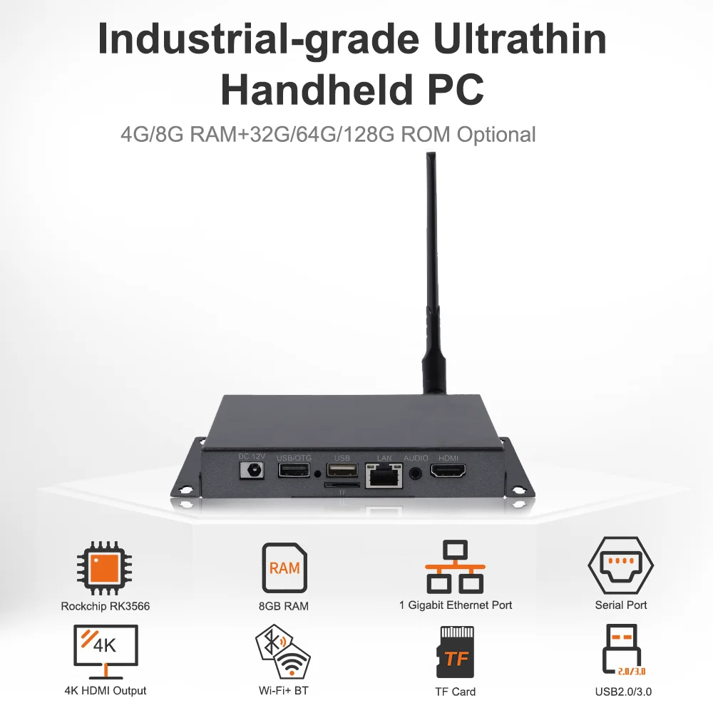 Mini PC industriel avec poignée, ordinateur intégré, Façades PC, Core 64 bits, RockChip RK3566, WiFi, BTpig, HDMI2.0, SDK gratuit, OpenSource