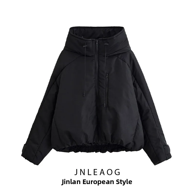 JNLEAOG خريف جديد للمرأة Faion Bla سحاب وظيفي Sle مقنعين القطن Jaet الشارع Sle طويل Sve جولة Ne