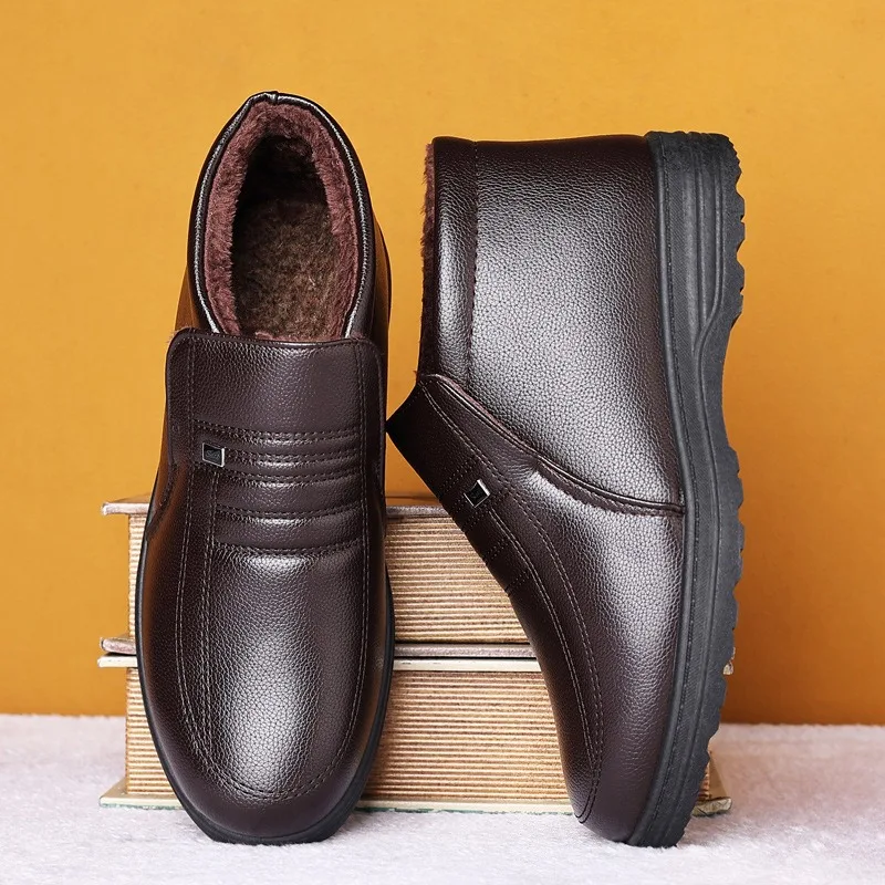 Winter Warm Fleece-Lined Non-Slip Men's Casual High-Top Cotton Shoes Elderly People Cotton Shoes Rubber Sole Leisure Shoes