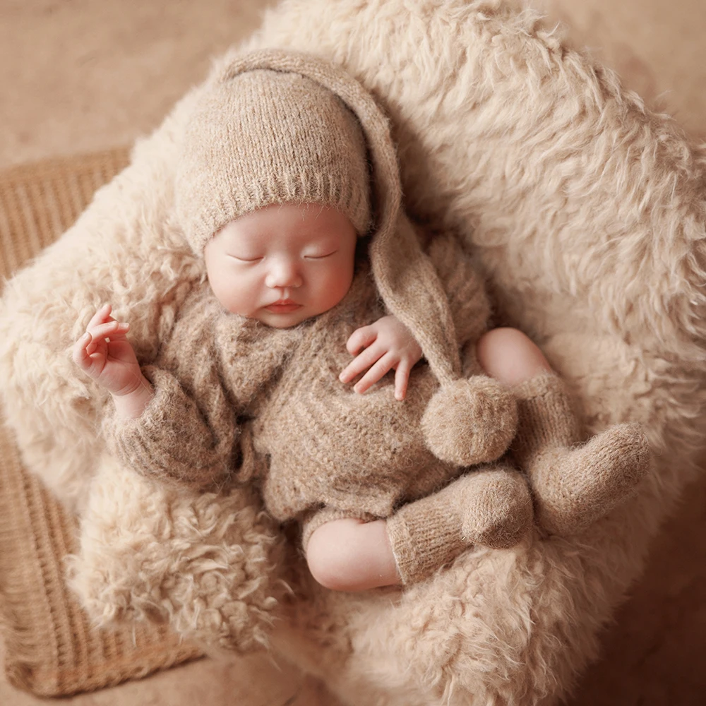 Accesorios de fotografía recién nacido de 0 a 1 mes, trajes tejidos con tema Ins con gorro de noche a juego y osito de peluche para accesorios de fotografía de bebé