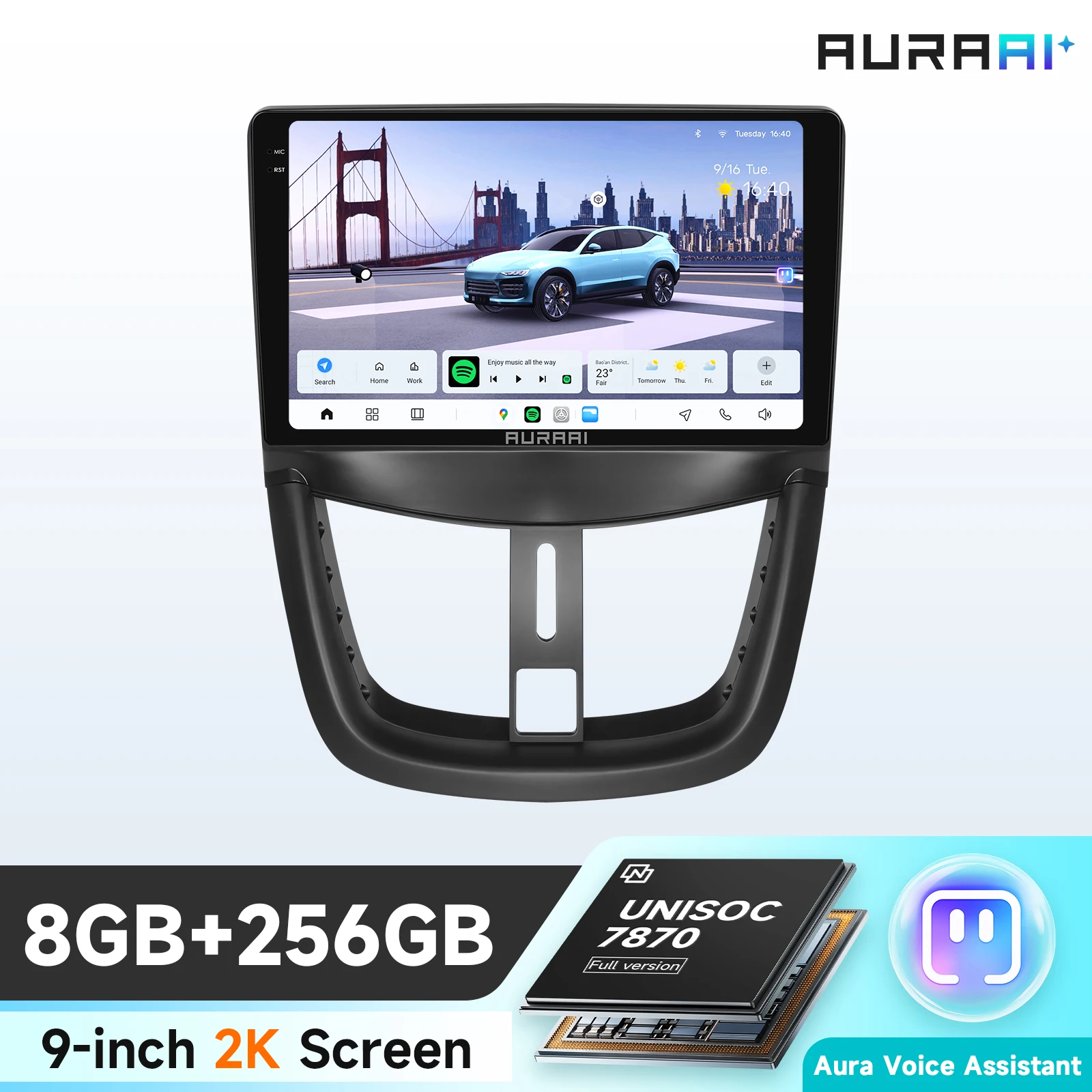 AURAAI Intelligent Android 13 Car Radio For Peugeot 207 207CC 2006-2015 Carplay 4G ADAS DSD 360Camera 2K Screen 8G 256G UIS7870