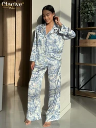 Clacive Fashion Loose Print 2 Piece Sets Women Outfit 2024 Elegant Long Sleeve Shirt With High Waist Wide Pants Set Homewear