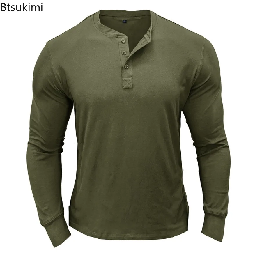 New 2025 Fashion 100% Cotton Shirt Men's Long Sleeved T-shirt Casual Soft Base Shirt Placket Front Button Solid Color Pullover