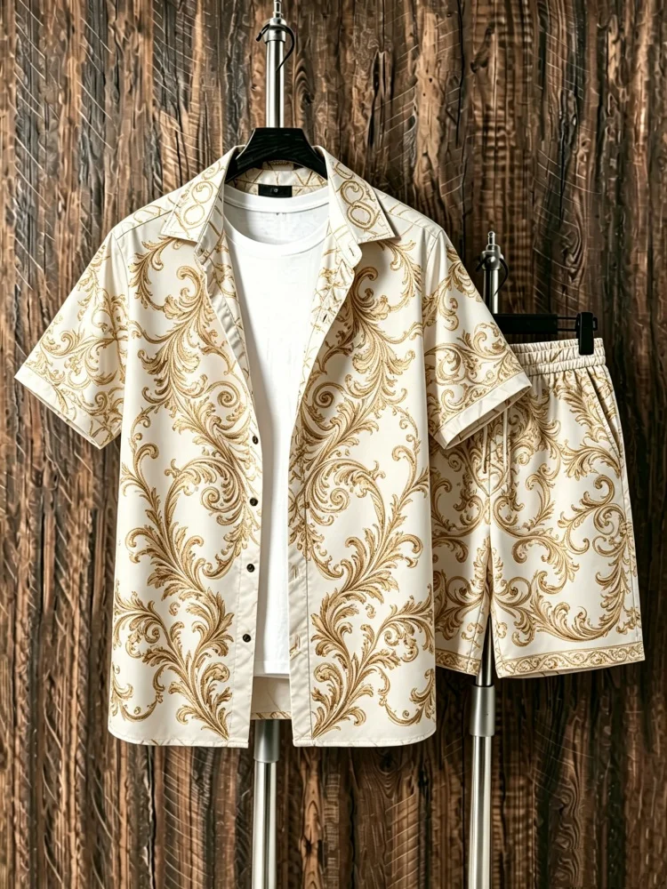 

Men's Loose Comfort 2-Piece Summer Set, Luxurious Gold Ornate Pattern Casual Outfit, Regal & Airy