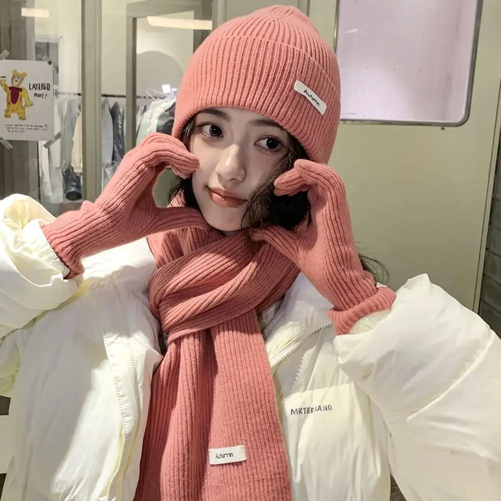 Fleece Lined Solid Color Hat Scarf Gloves Set Wool Thicken Thermal Knit Cap Ear Protection Simple Winter Beanie Hat Outdoor