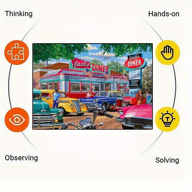 Puzzle dla dorosłych w stylu vintage: amerykański dżiner i klasyczne samochody, retro, gra intelektualna, zabawka dekoracyjna do domu.