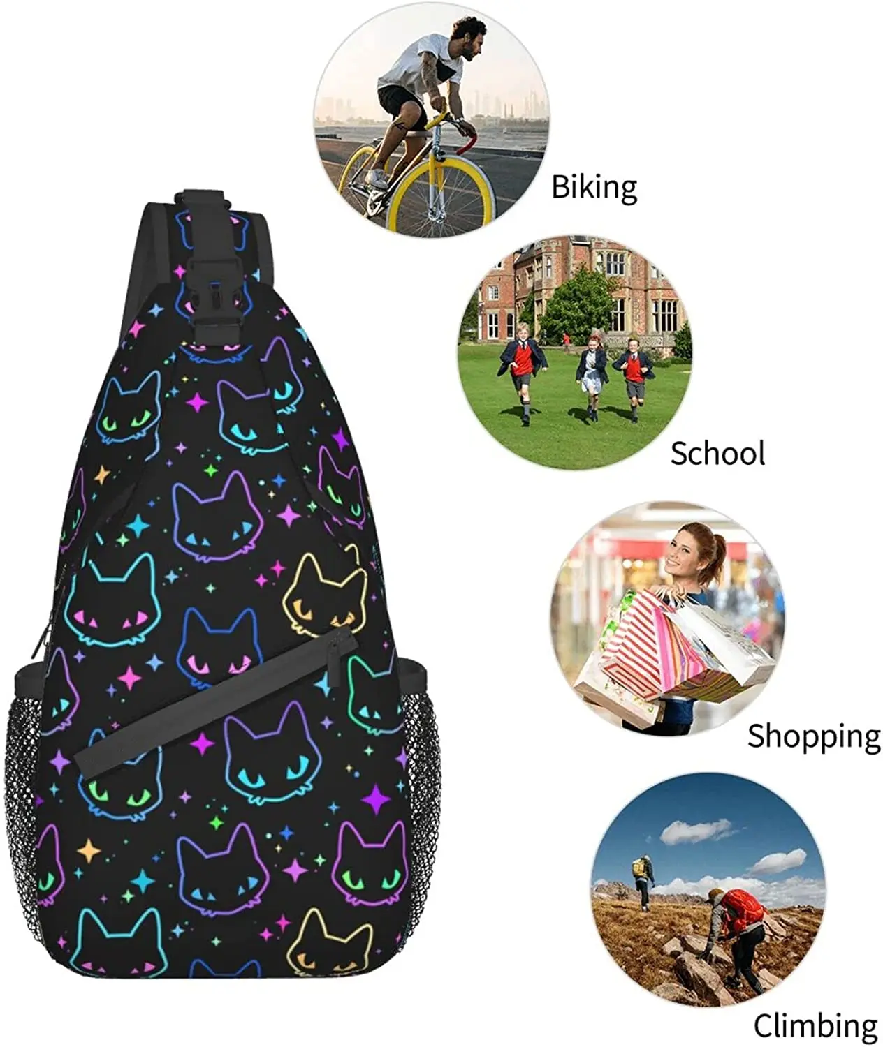 Colorful Cat Sling Bag Crossbody Women Men Travel Chest Backpack Leisure Single Shoulder Bag for Sports Outdoor Running Hiking