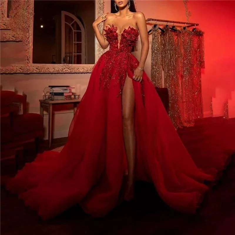 

Red Elegant Long Prom Dress 2021 Luxury Strapless Sleeveless Sequin Shiny Split Tulle Ball Gown Women Formal Evening Party Gowns
