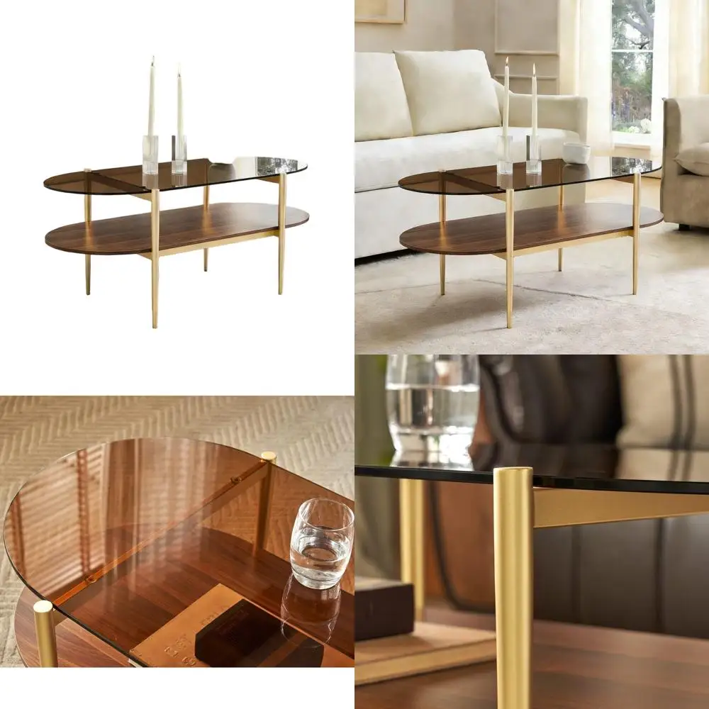 

Amber Glass Top Oval Coffee Table, 2-Tier Walnut Wood, Gold Legs, 42 for Living Room