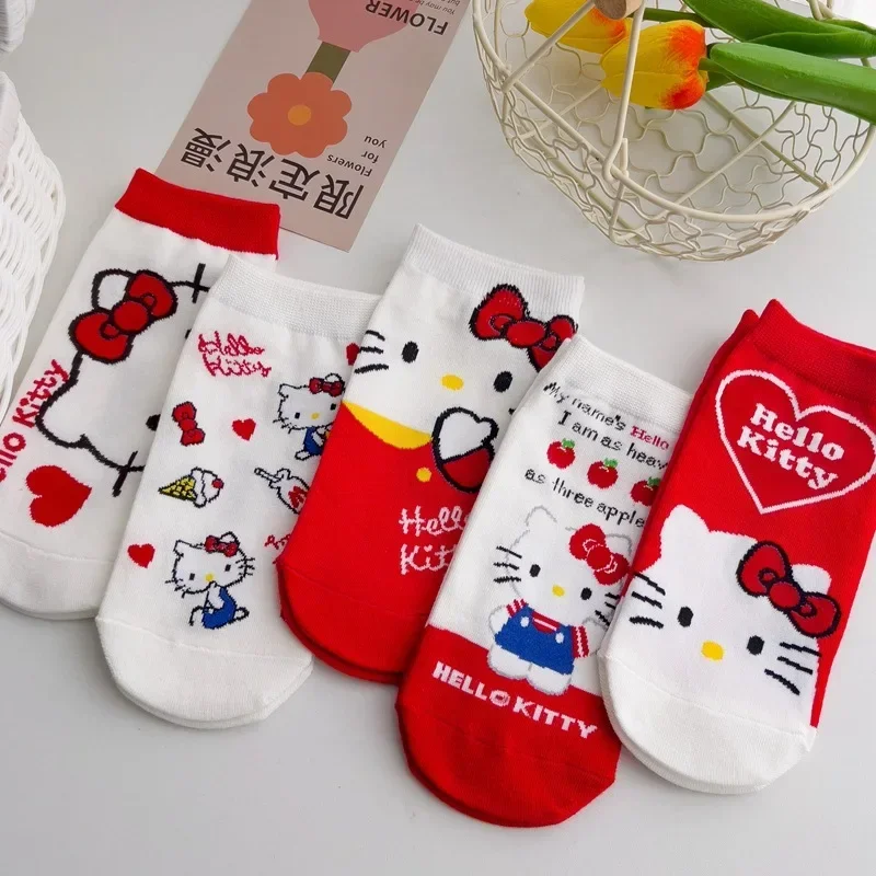 5 pares divertidos Sanrio Melody Hello Kitty Kuromi calcetines cortos dibujos animados Harajuku estampado de Anime Kawaii algodón mujer niño calcetines de barco